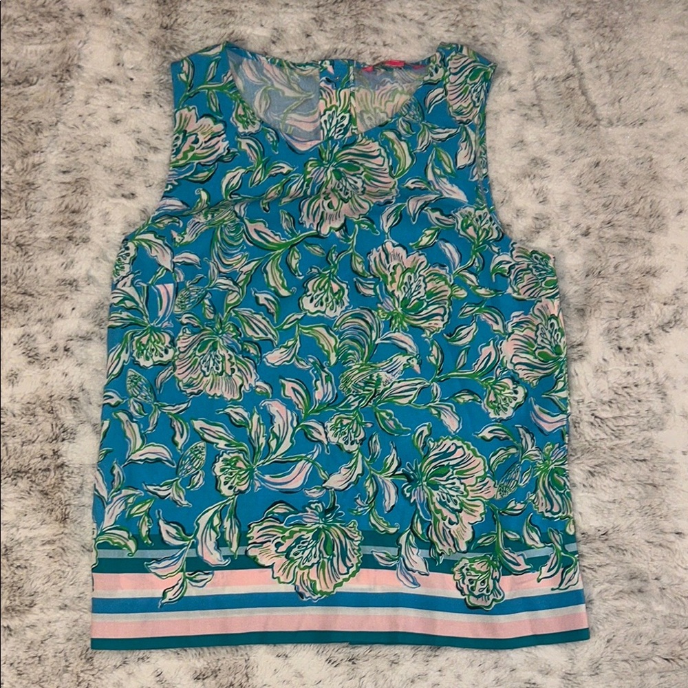 Lilly Pulitzer Blue Floral Tank Top with Green and Pink Accents